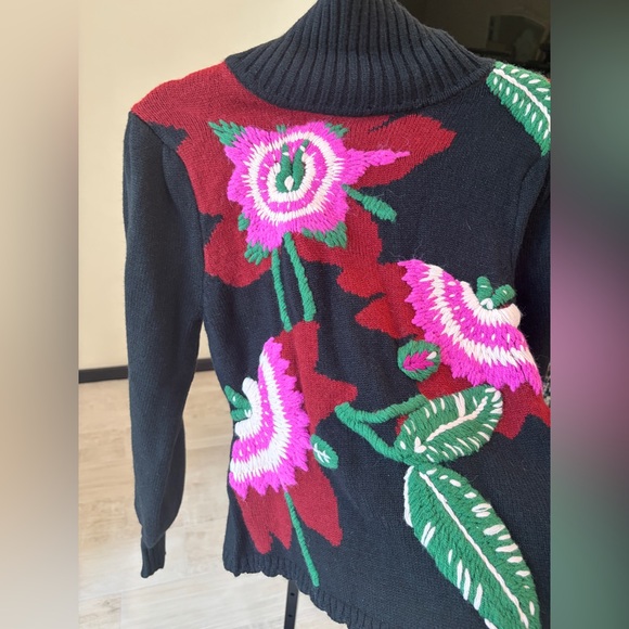 Farm Rio: Black Bold Colorful Flower Embroidered Knit Sweater - Picture 10 of 14